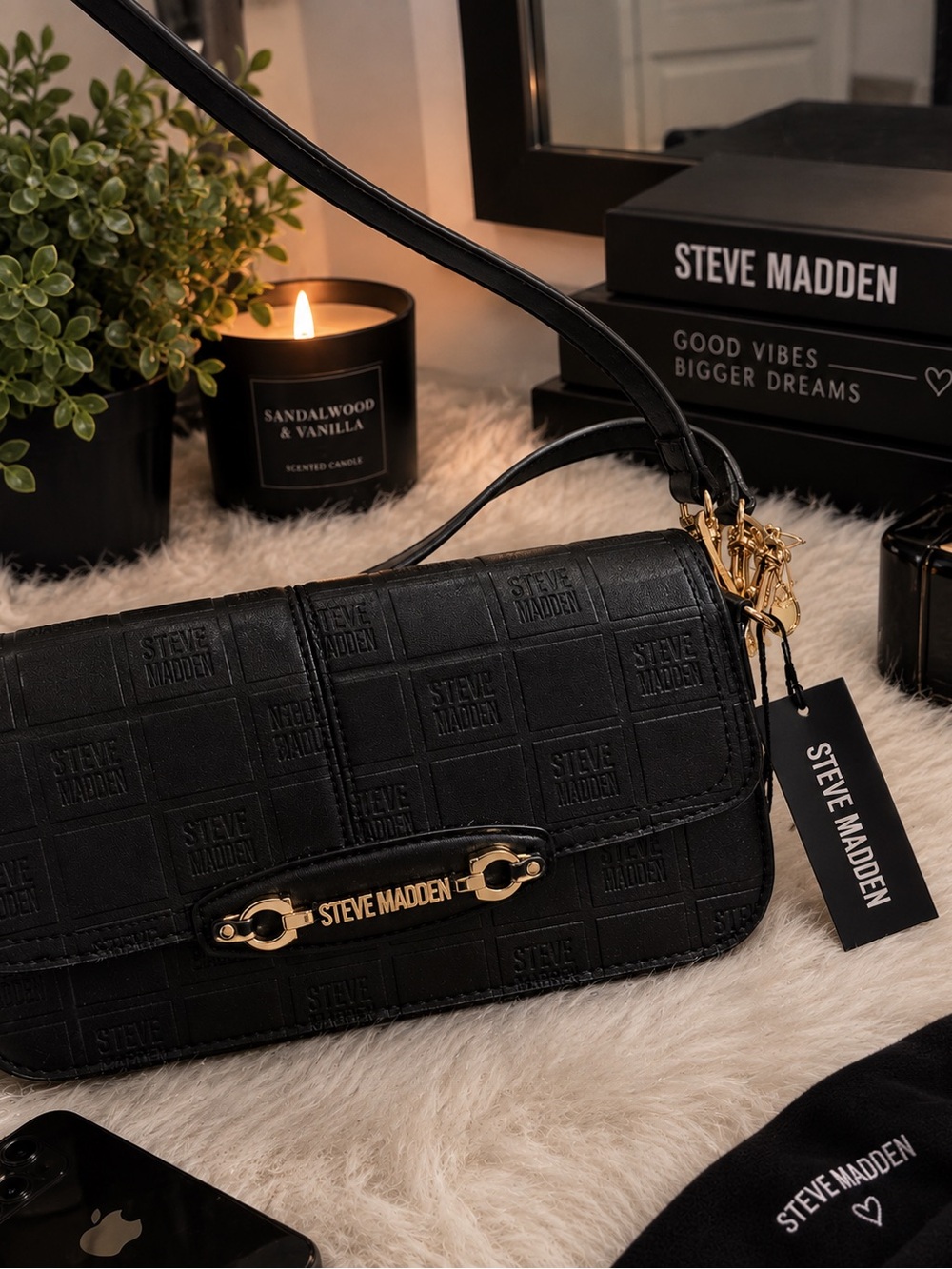 Steve Madden Black Quilted Shoulder Bag with Gold-Tone Logo Accent